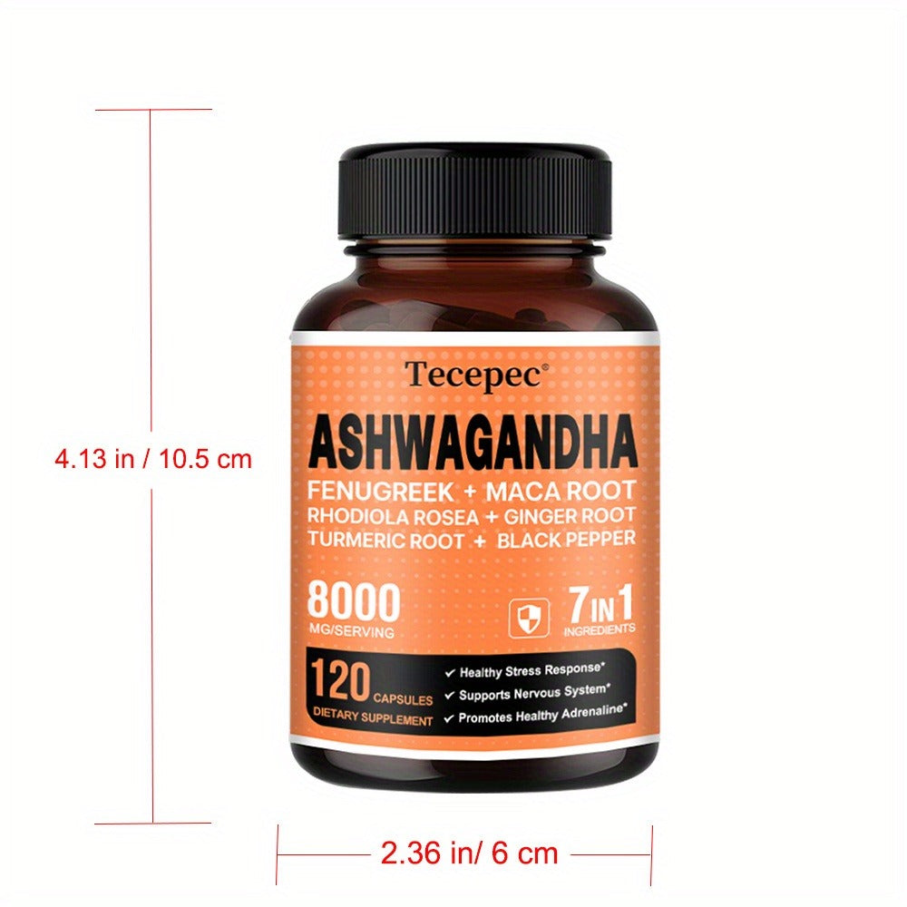 Ashwagandha Capsules 7-in-1 Adaptogen Blend 120ct with Maca Root Rhodiola Rosea Ginseng for Bath Time, Home Spa and Personal 