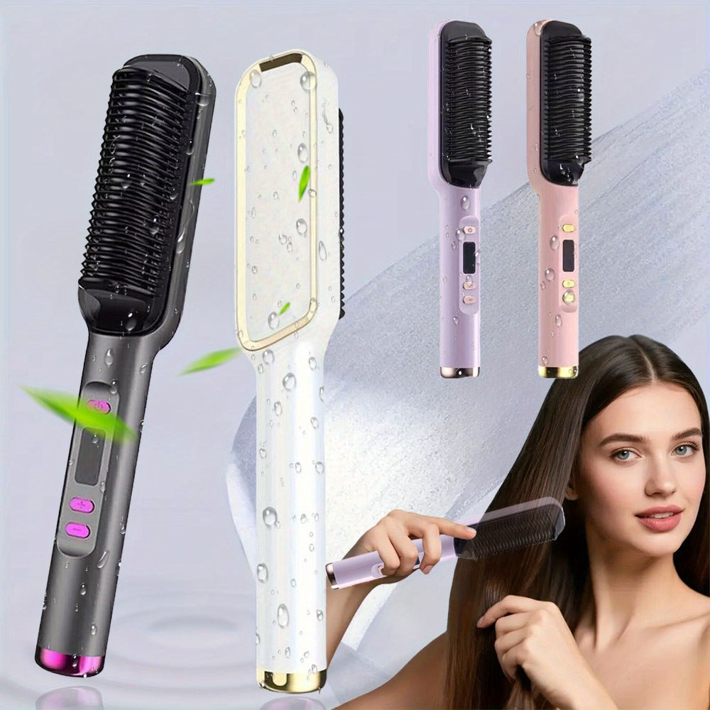 2-in-1 Hair Straightener & Curler LCD Display – 35-Second Fast Heat 4-Speed Temperature Anti-Scald Flat Iron Brush for Women 