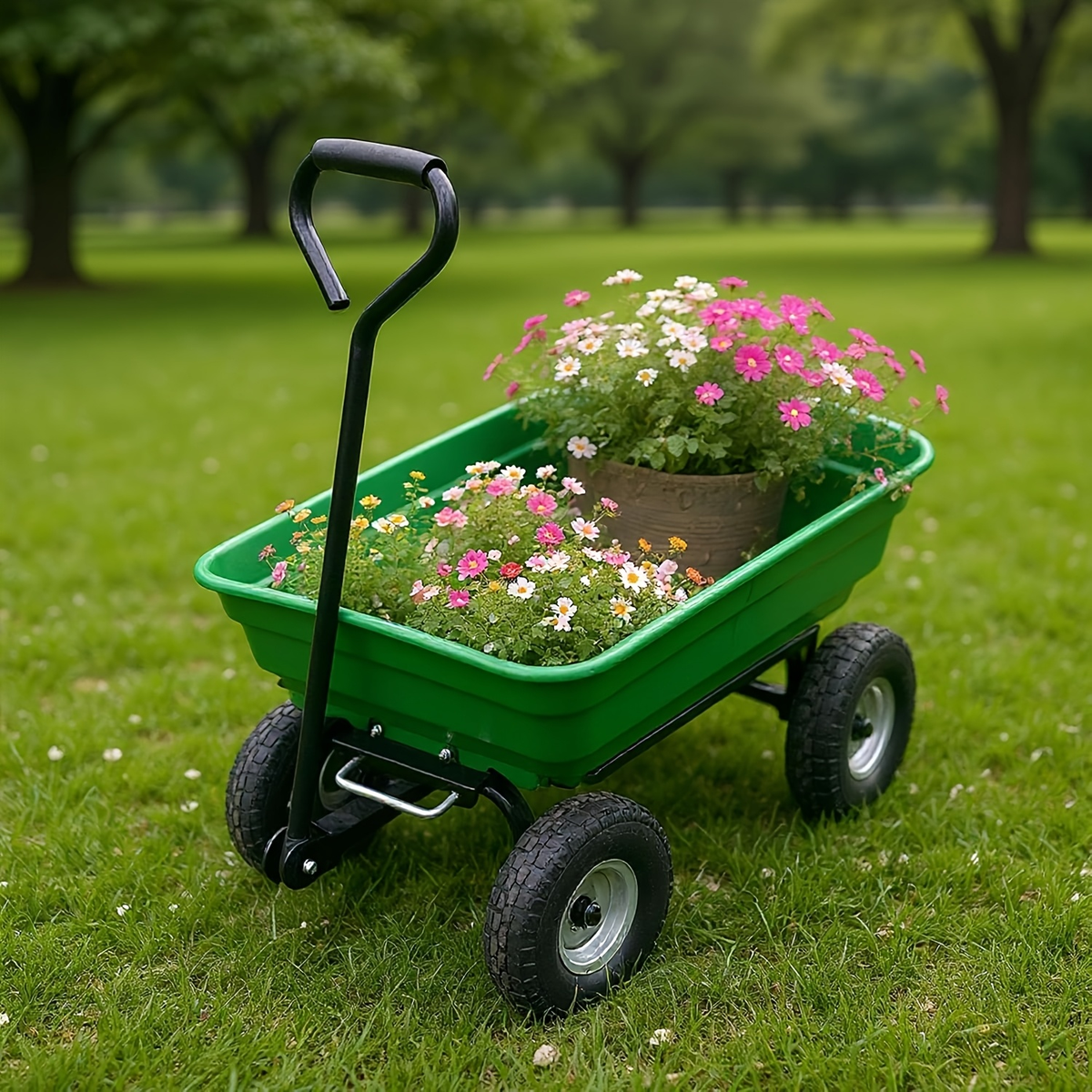 Utility Wagon Poly Bed Steel Frame Dump Cart with Built-in Stand, Towable Wheelbarrow for Garden — image 7