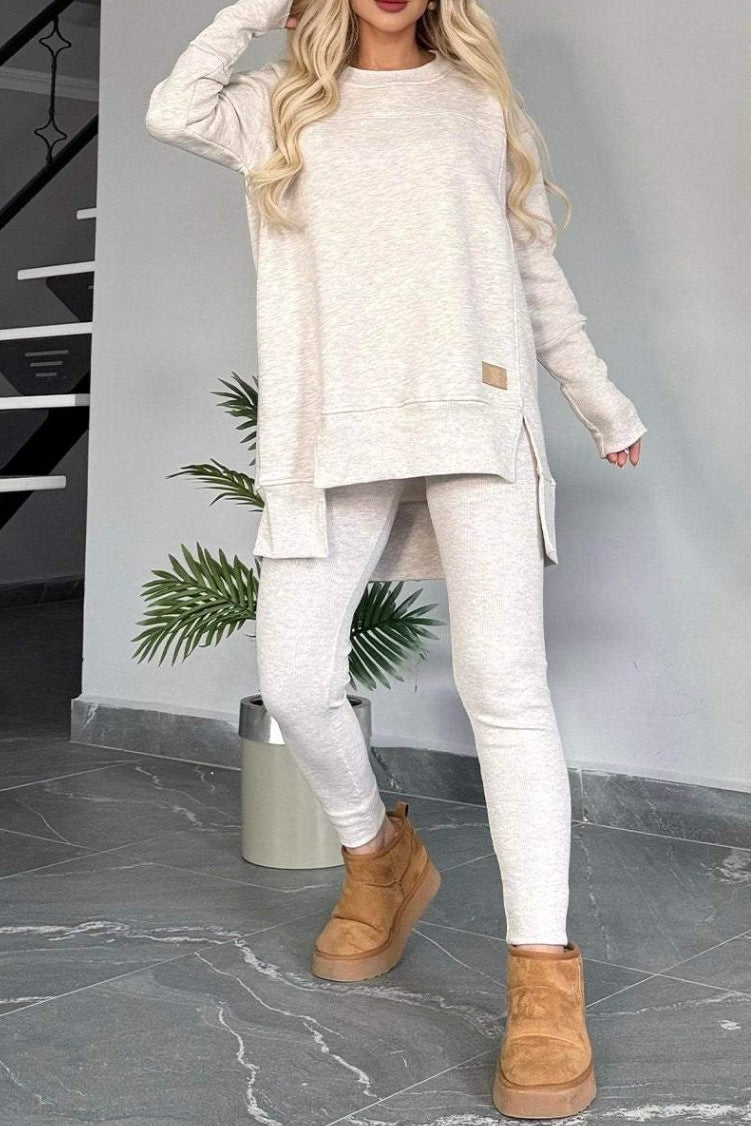 Women's Slit Long Sleeve Top And Trousers Suit