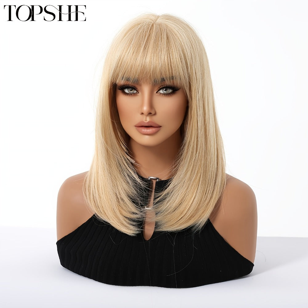 Synthetic Wig 14-Inch Golden Layered Straight Style with Full Bangs and Glueless Rose Net Cap — image 3