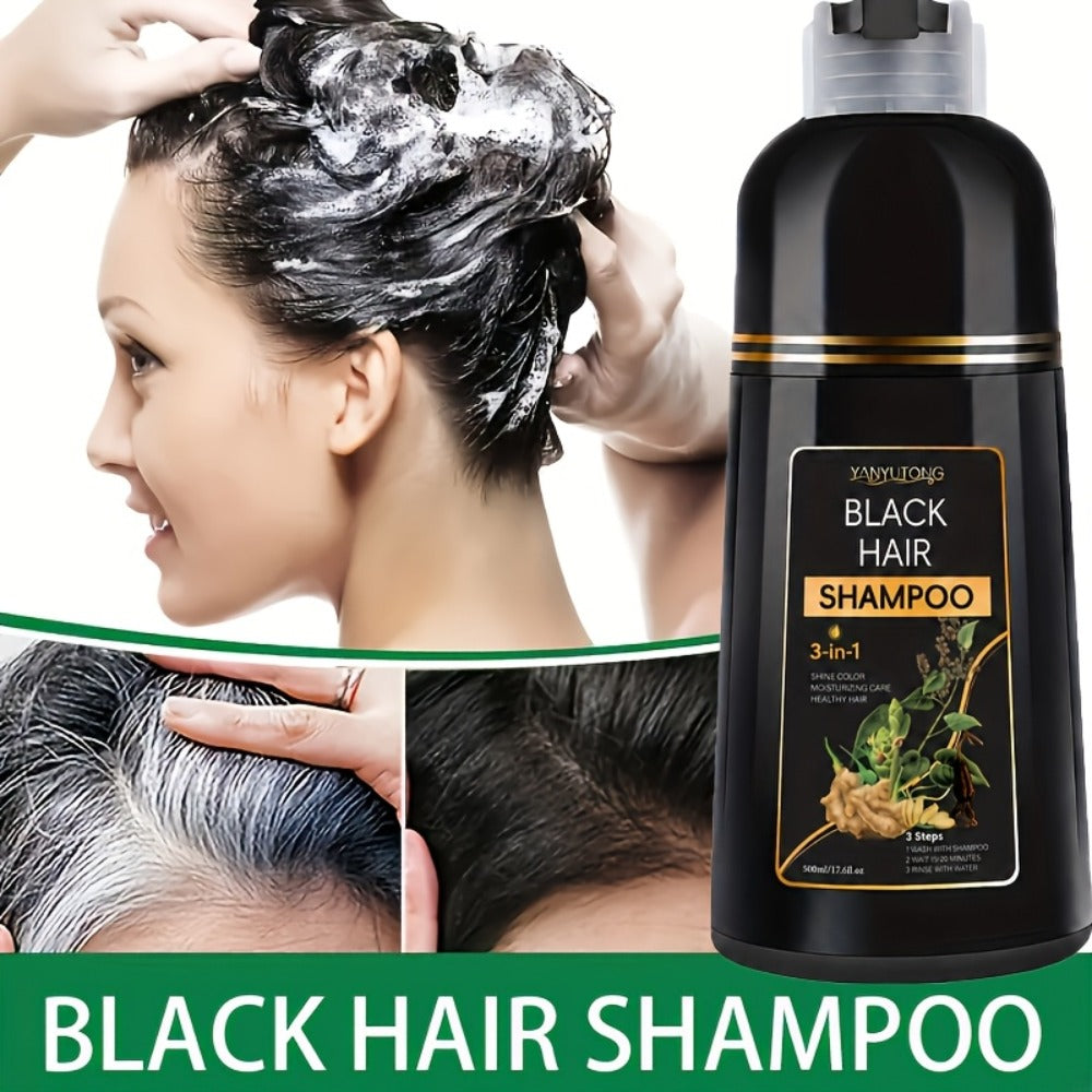 Hair Dye Shampoo, YANYUTONG 500ml Black 3-in-1 Bottle for At-Home Hair Color Application and Rinse Routine — image 1