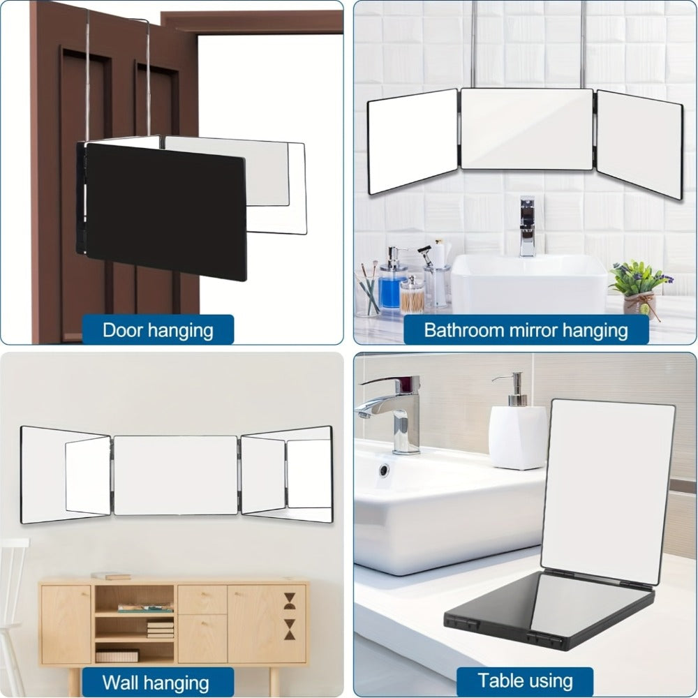 Three-Way Folding Mirror for Haircutting 360° View Anti-Fog HD Glass Height-Adjustable Telescopic Hook – Foldable Three-Sided