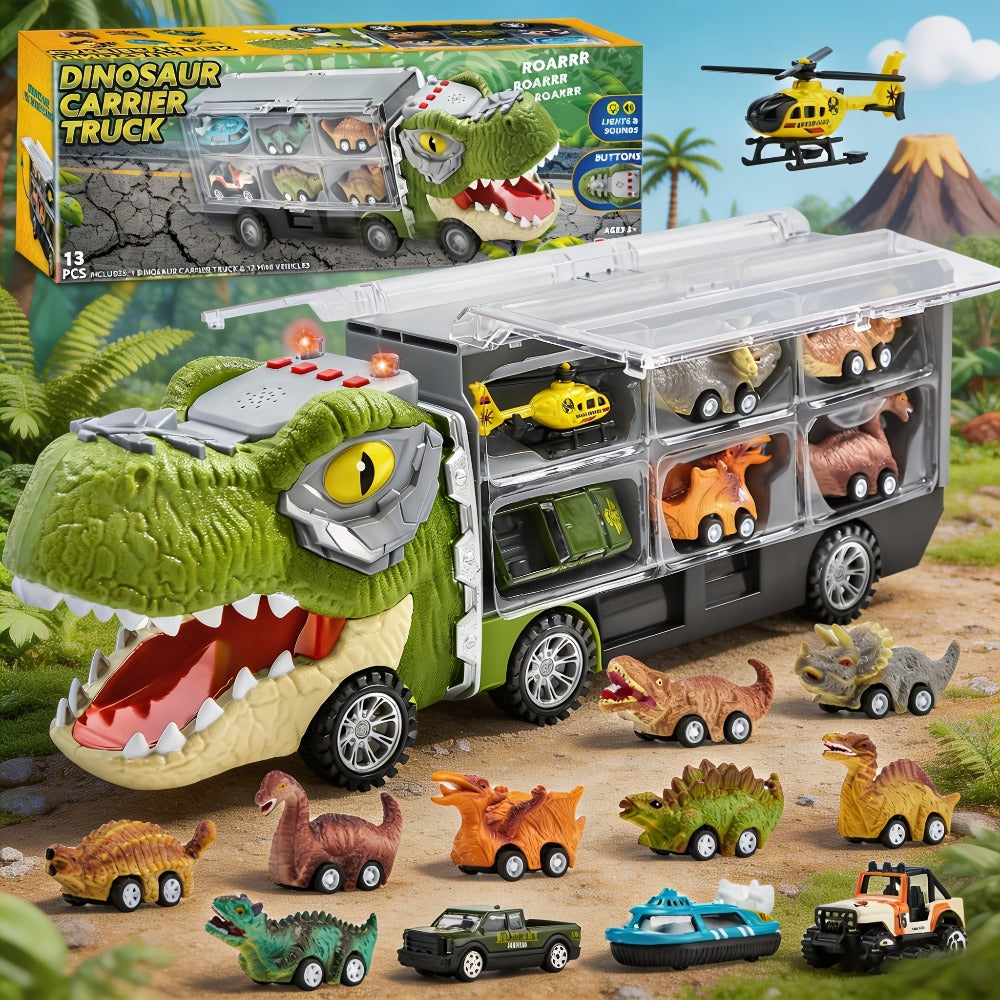 Dinosaur Truck Toy Set 13 PCS, Transport Carrier Truck with Lights & Sounds + 8 Pull-Back Cars + 3 Die-Cast Dino Vehicles + H
