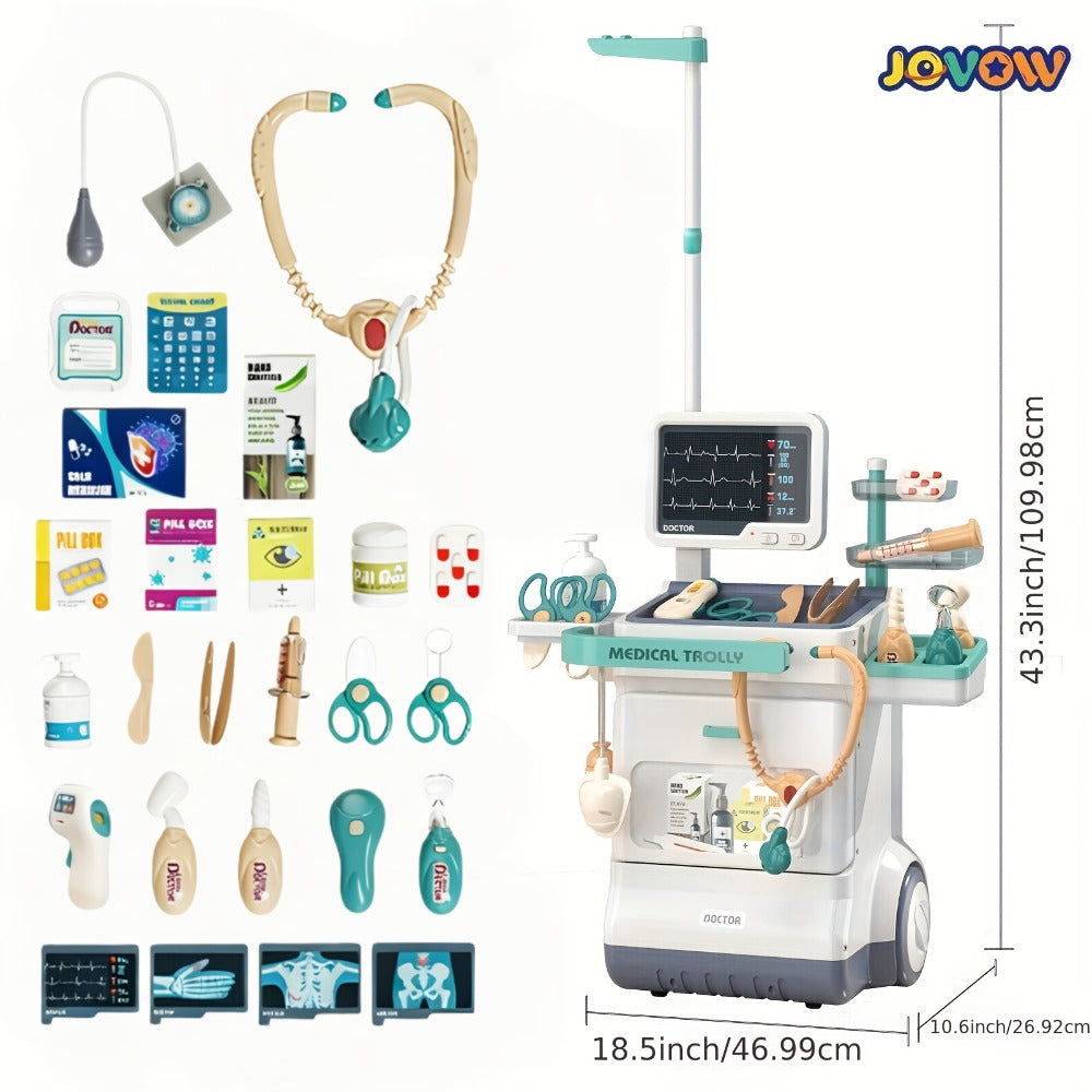 Kids Doctor Kit with Medical Cart Set, Movable Toy Trolley, Stethoscope, Thermometer & Accessories — image 4