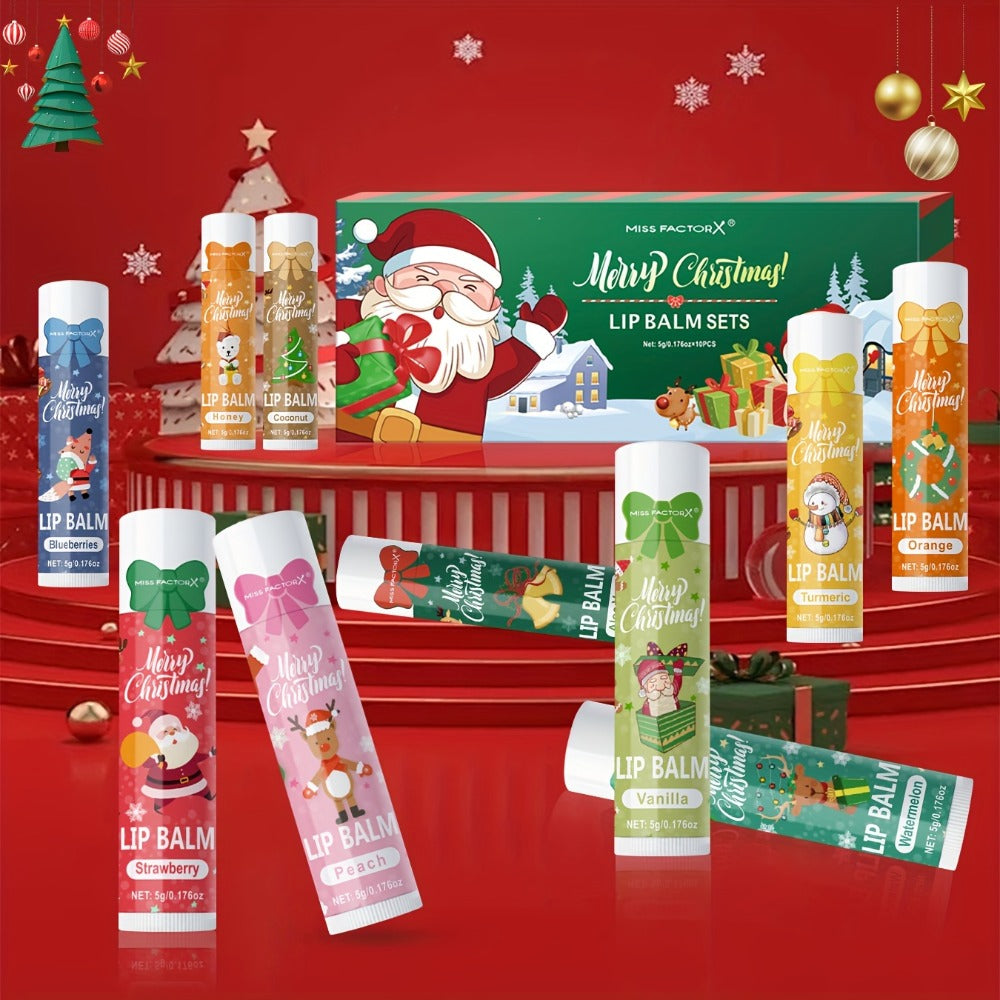 Moisturizing Lip Balm Set 10-Pack with Vitamin E – MISS FACTORX Natural Look Lipstick Collection for Women, Hydrating & Nouri