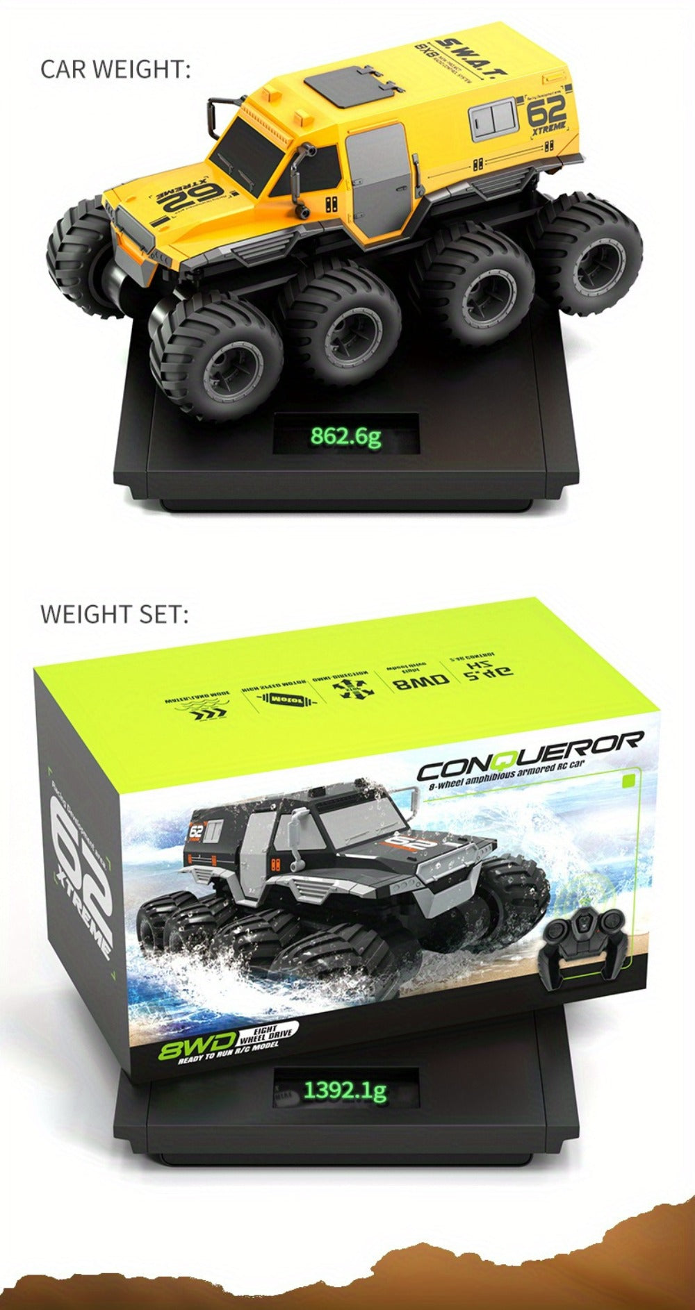 Amphibious RC Truck 8-Wheel Drive 4-Motor Off-Road Climbing Remote Control Armored Vehicle, Oversized Land & Water Military T