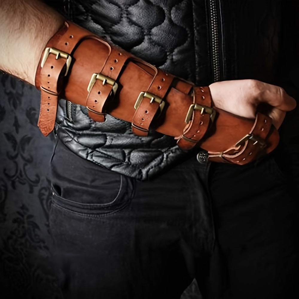 Embossed Fantasy Arm Bracer Pair in Brown with Buckle Straps for Medieval and Archer Costumes — image 5