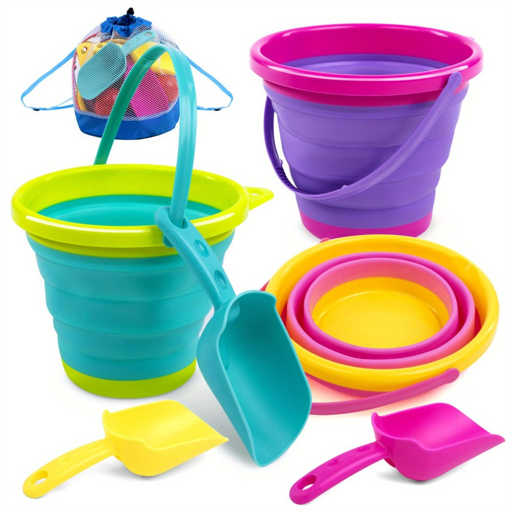 Collapsible Beach Bucket Set 3-Pack with Shovels & Mesh Backpack, Foldable Sand Pail Kit for Kids — image 6