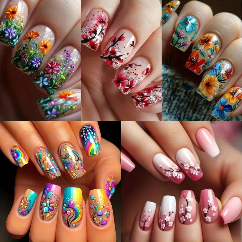 Press On Nails 120-Piece Medium Square Set with Glossy Floral and Striped Designs in Five Packs — image 1