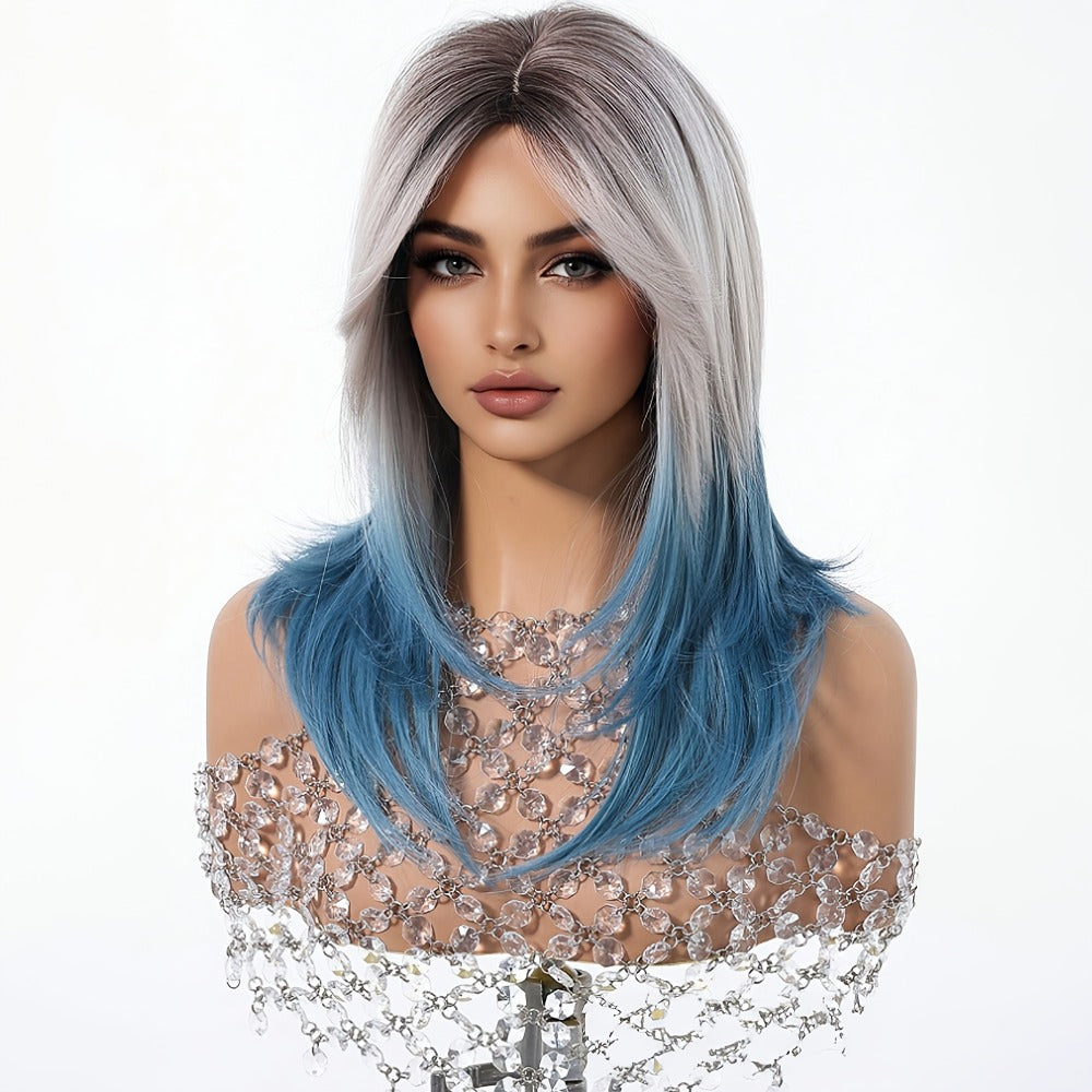 Synthetic Wig 22-Inch Gradient Blue Ombre Layers with Bangs, Adjustable Cap and Rose Hair Net — image 5