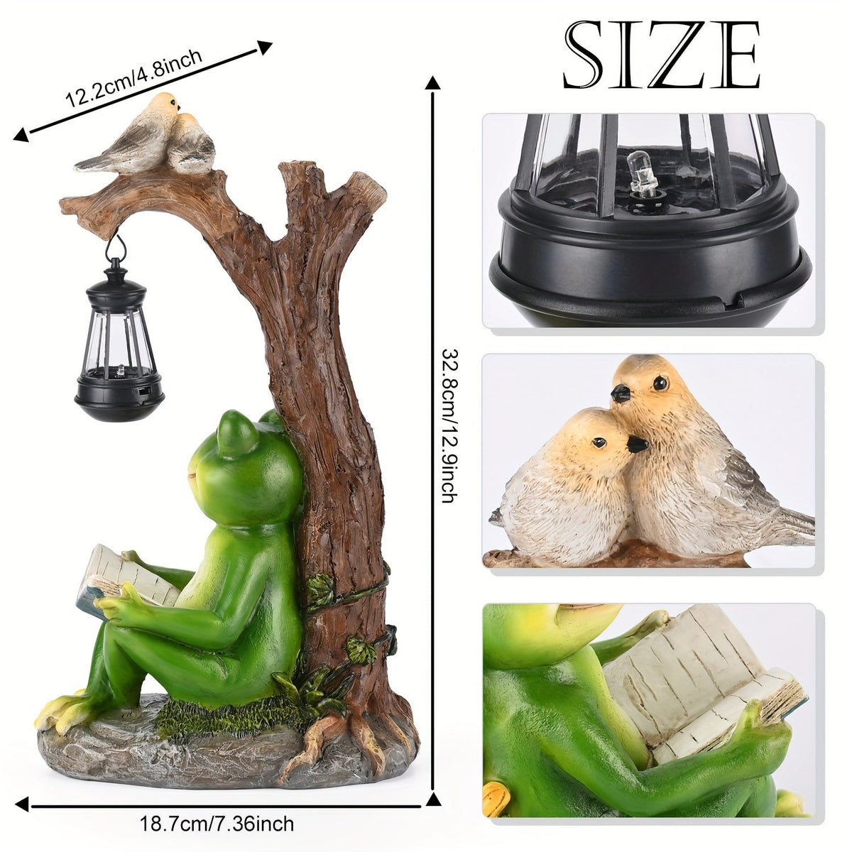 Solar Garden Lights Frog Reading Statue with Lantern, One-Piece Resin Lawn and Patio Ornament — image 5