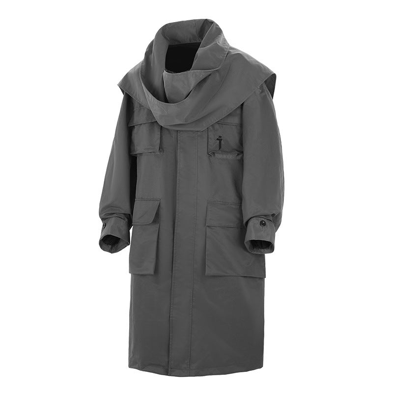 Multi-pocket Scarf Long Trench Coat For Men Loose Casual Jacket
