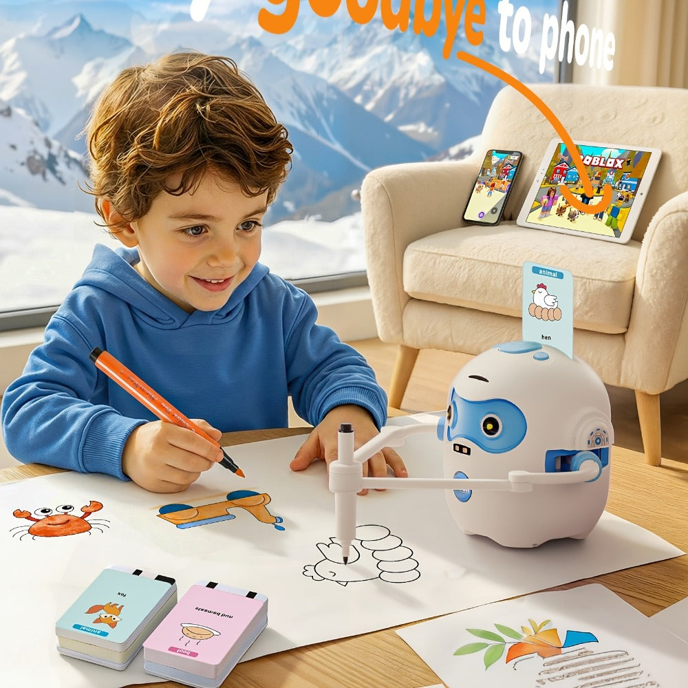 Drawing Robot for Kids Ages 3-8, Rechargeable 4-in-1 Interactive Learning Machine with 100 Drawing Cards & Color Pens — image