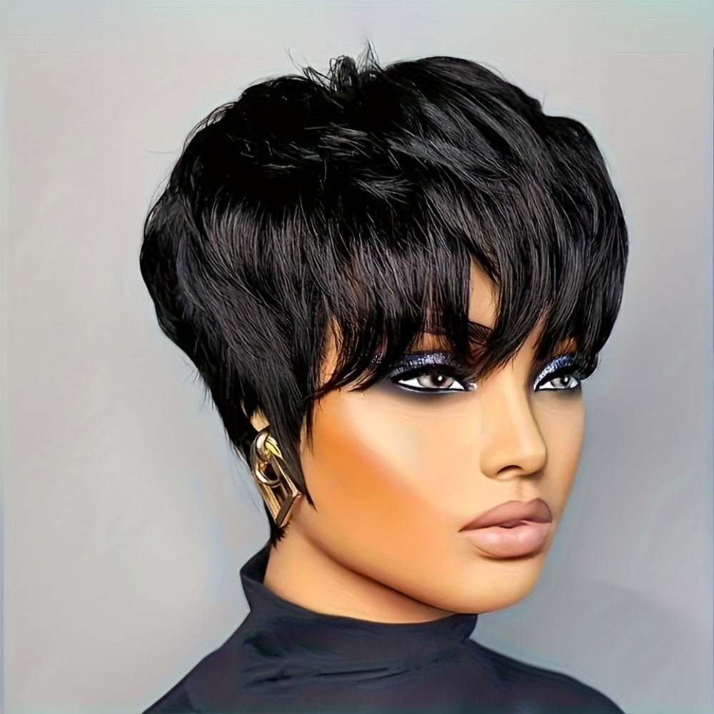 Straight Pixie Human Hair Wig with Bangs, Black 6-Inch Length and Approximately 22.5-Inch Cap — image 1
