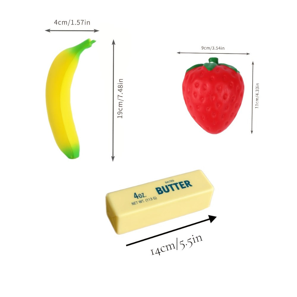 Squishy Food Toy Set 3pcs Slow Rising PU, Pretend Play Simulation Food Butter Banana Strawberry, Sensory Squeeze Stress Toy —