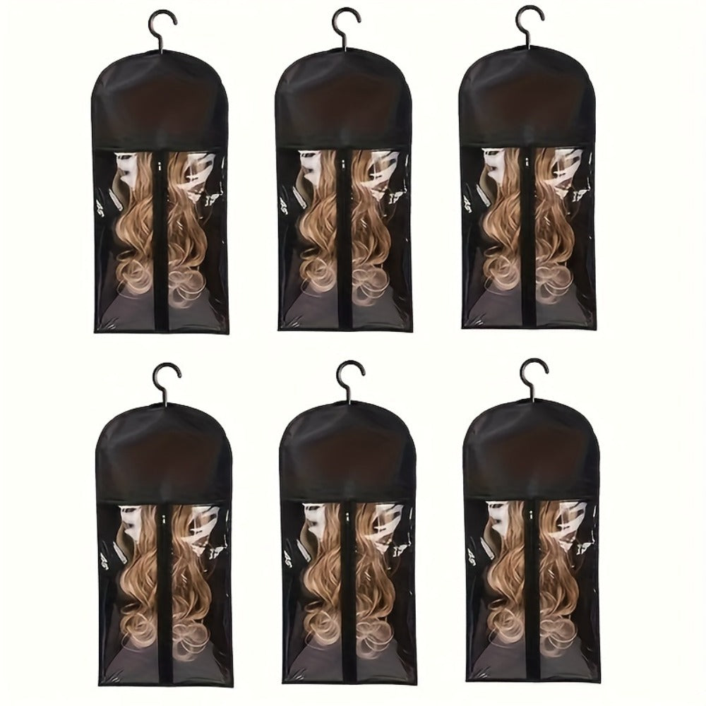 Hanging Wig Storage Bags, Six-Piece Black Set with Clear Front Panels, Zippers and Integrated Hangers — image 1