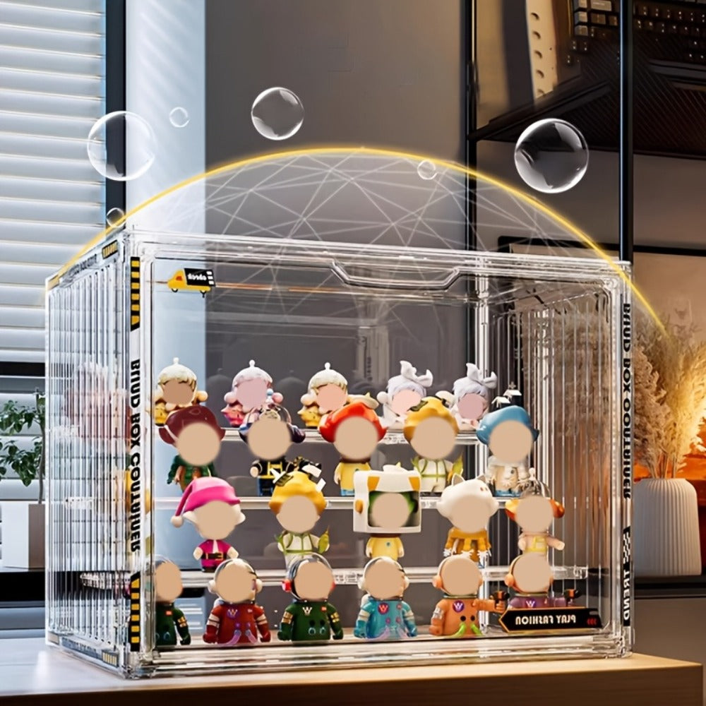 Acrylic Display Case for Figures 3 & 4 Tiers with Adjustable Dividers – Clear Dust-Proof Showcase Box with Magnetic Door for 