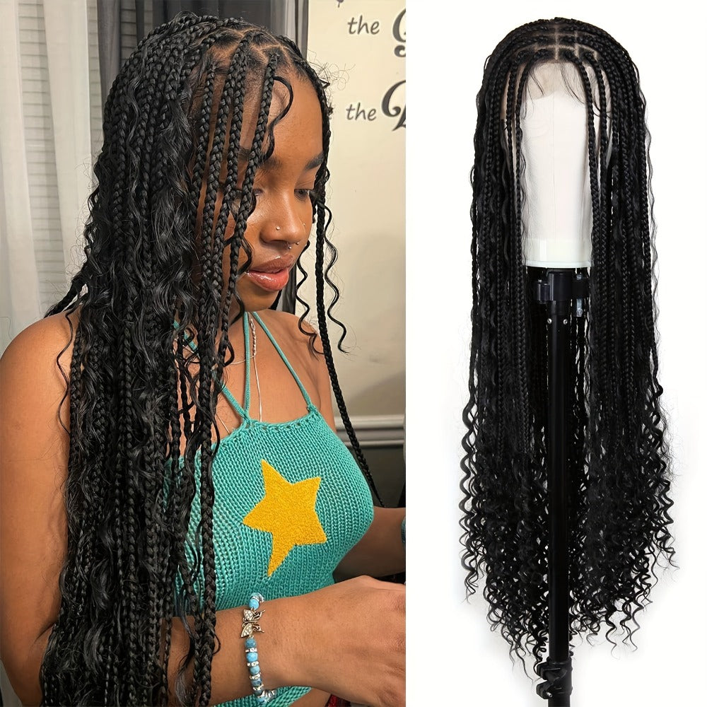 Extra-Long Black Box-Braid Wig with Curly Ends, Lace Cap and 48-Inch Checkout Length for Styling — image 2