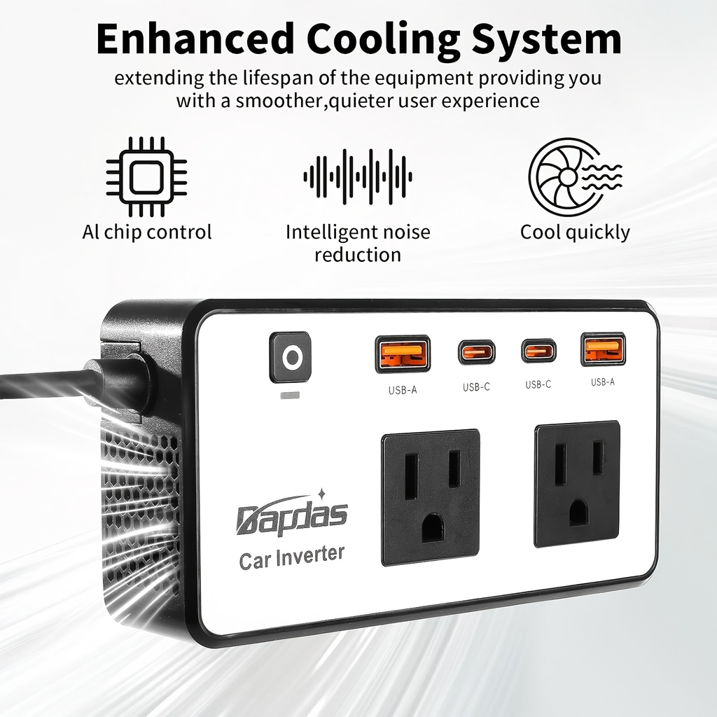 Car Inverter 200W DC 12V to AC 110V with Dual AC Outlets 24W USB-C Fast Charging 4 USB Ports Portable for Garden, Patio and Y