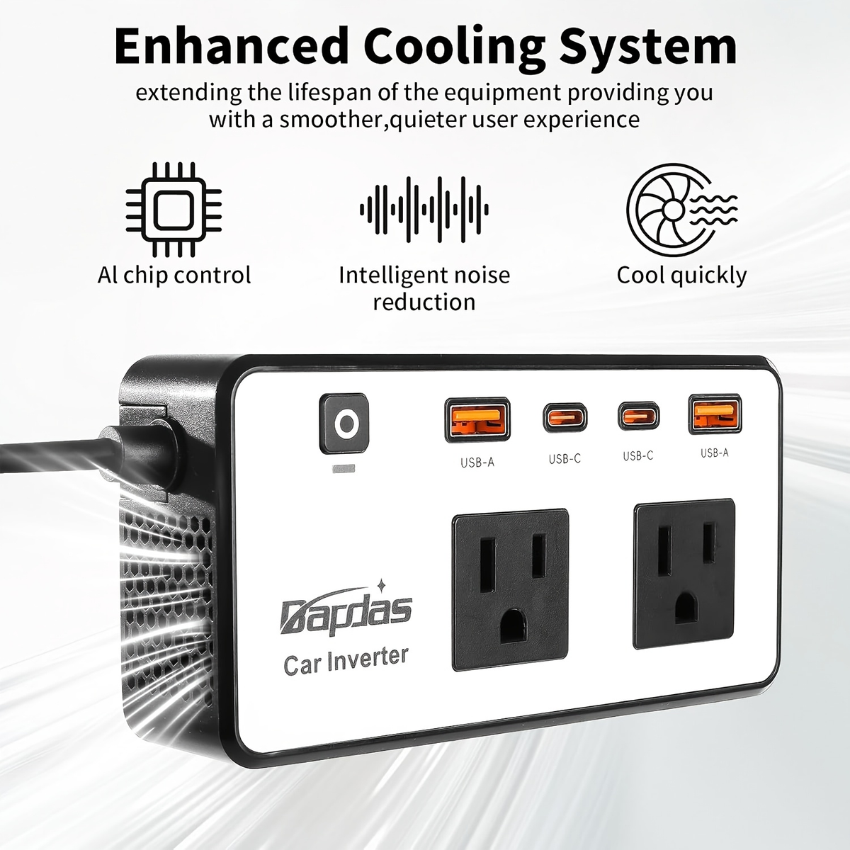 Car Inverter 200W DC 12V to AC 110V with Dual AC Outlets 24W USB-C Fast Charging 4 USB Ports Portable for Garden, Patio and Y