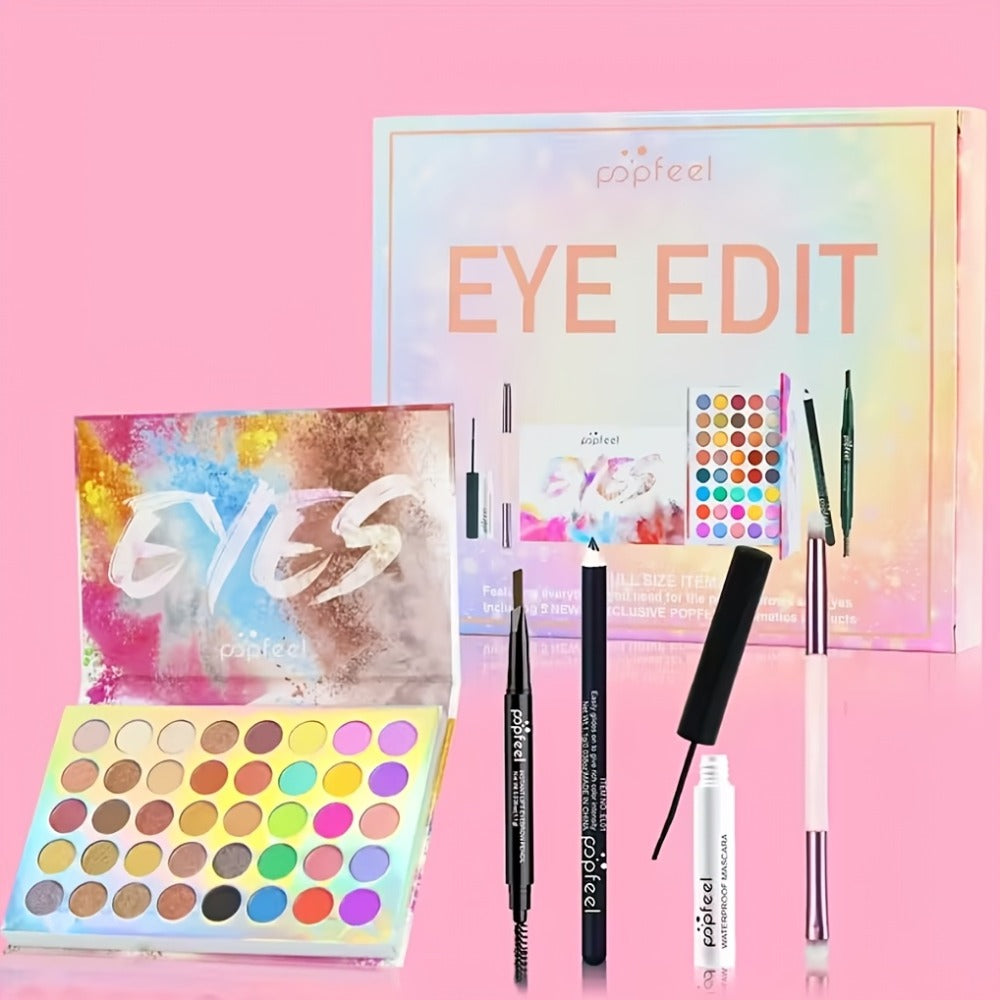 Makeup Gift Set POPFEEL 29-Color Eyeshadow Palette + Mascara + Eyeliner + Brow Pencil + Highlighter Powder + 7-Piece Brush Se