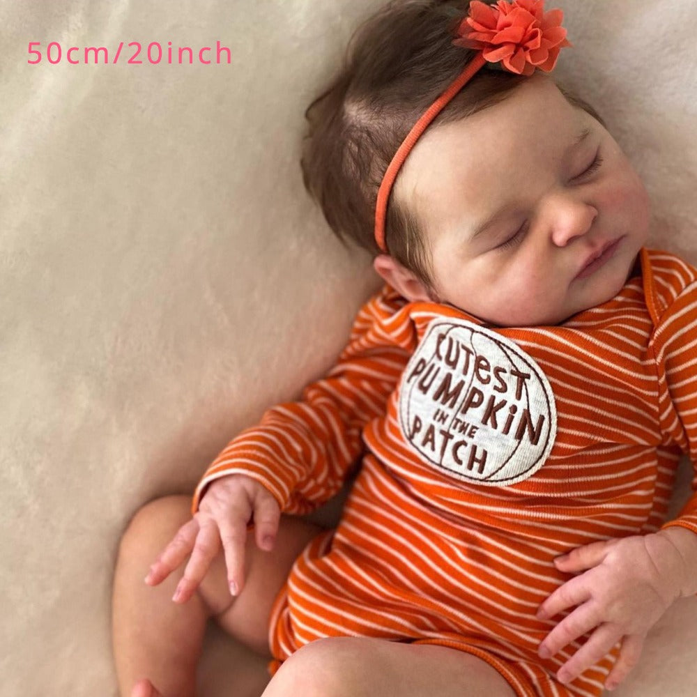 Reborn Baby Doll 20-Inch Sleeping Cloth Body with Rooted Hair, Orange Outfit, Pacifier, Bottle and Accessory Card — image 9