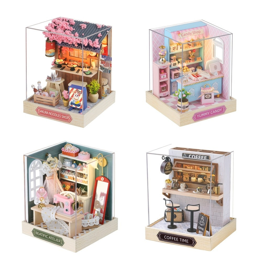 DIY Miniature Shop Dollhouse Kit with Dust Cover, Wooden Mini Store Assembly Set, 4 Themes Sakura Noodles Candy Atelier Coffe