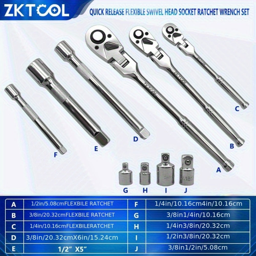 Swivel Head Ratchet Wrench Set – Spring-Loaded Flex Head 1/4" 3/8" 1/2" Drive with Extension Bar, Single or Multi-Pack for Au