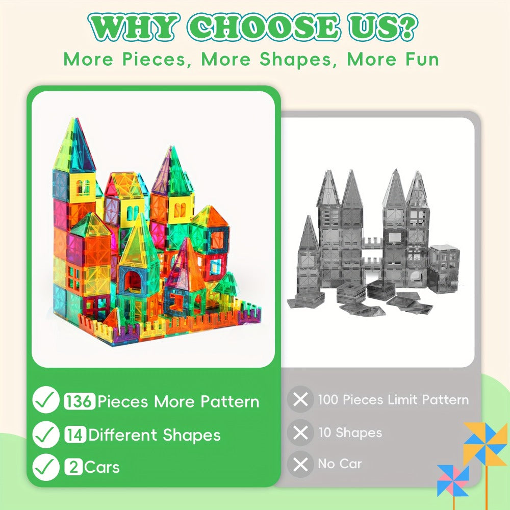 Magnetic Tiles Building Sets in 80, 106 or 136-Piece Options with Multicolor Translucent Shapes and Vehicle Bases — image 3
