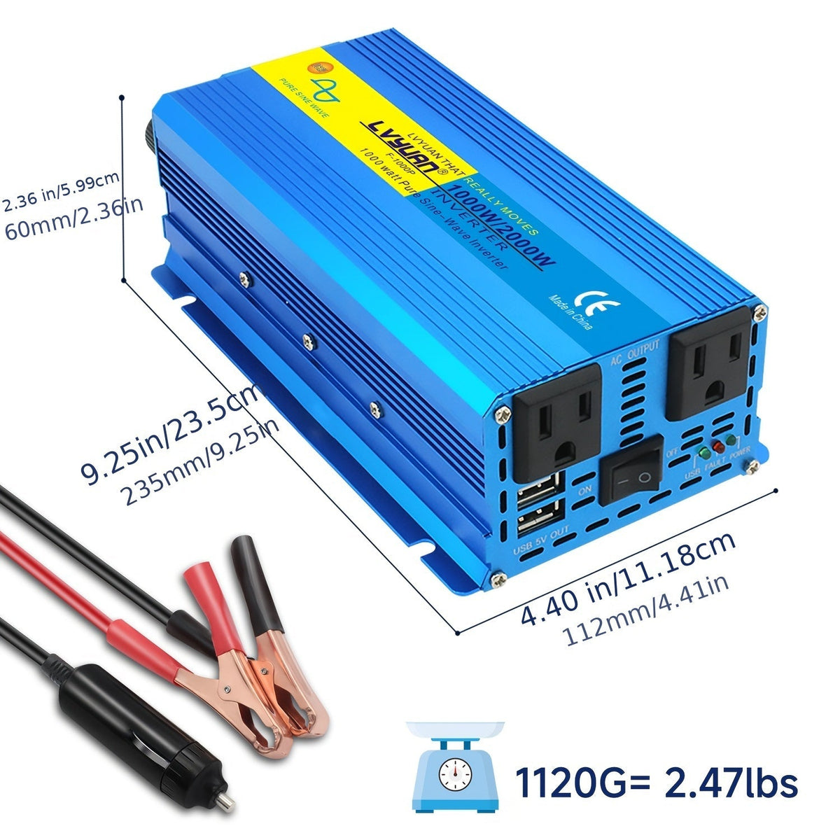 Blue 12V or 24V DC to 110V AC Power Inverter with 2000W Checkout Labels, USB Port and Battery Cables — image 3