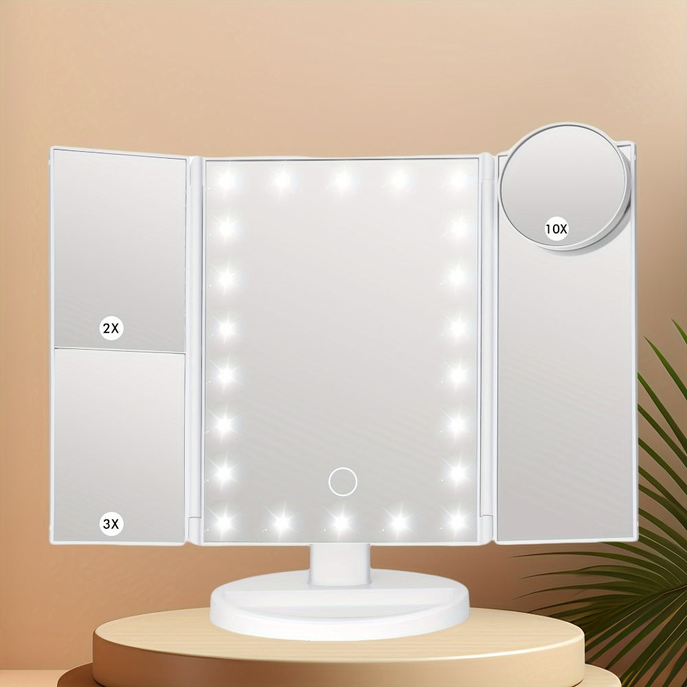 Trifold LED Vanity Mirror with 1X 2X 3X 10X Magnification Touch Screen Adjustable Brightness, for Makeup, Travel and Everyday