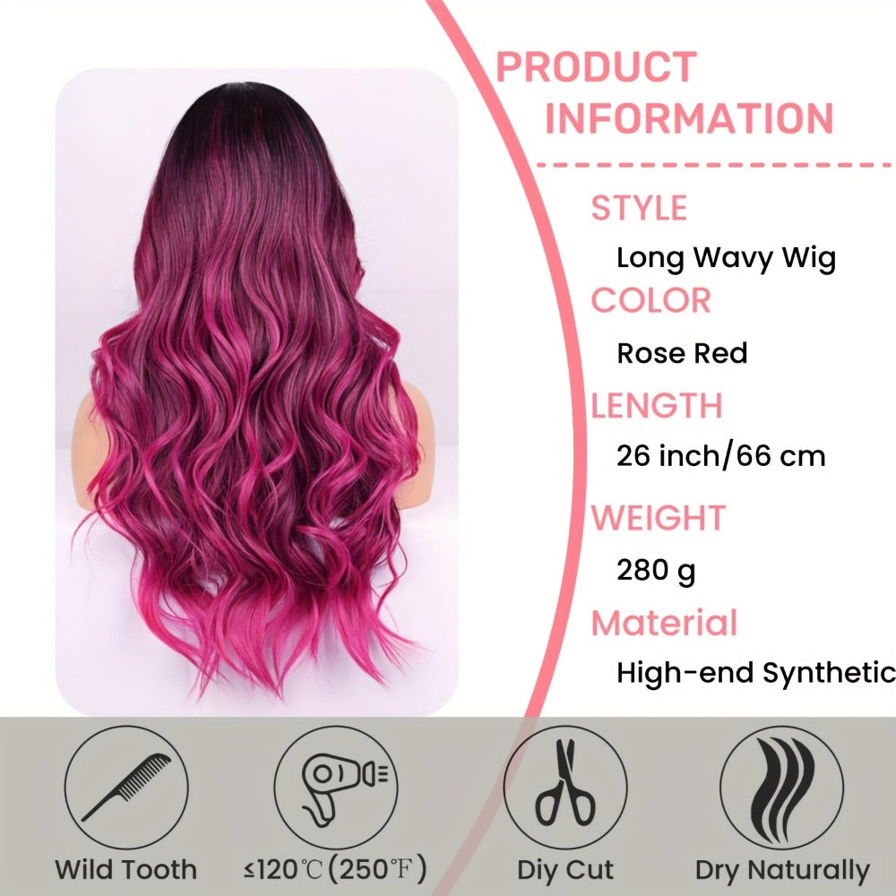 Synthetic Wig 26-Inch Ombre Rose-Red to Dark-Purple Body Waves with Bangs and Side Part for Cosplay — image 4