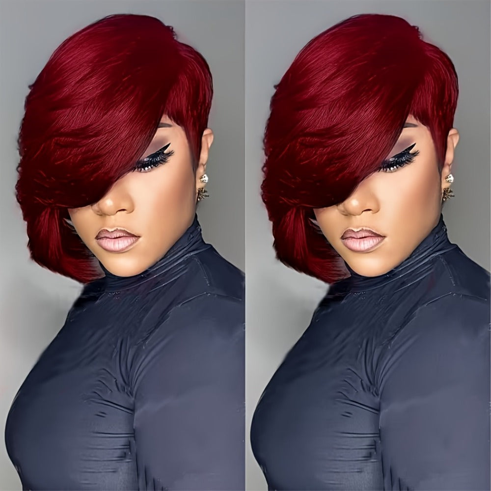 Layered Pixie Human Hair Wig with Side Bangs in #4 Brown, #99J Burgundy or #1 Black Color Options — image 2