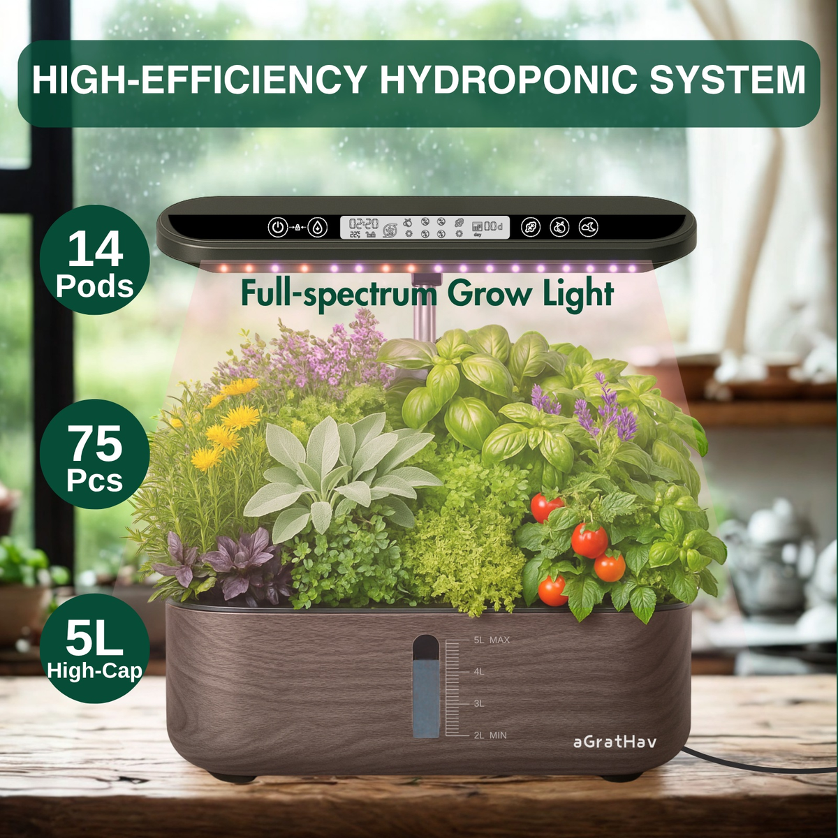 Hydroponic Garden Kit 14-Pod with LED Grow Light – Smart Timer, Quiet Pump & 1.32 Gal Tank, 75-Piece Indoor Herb Garden Syste