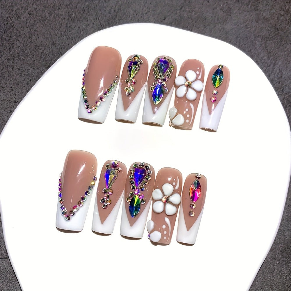 Press On Nails 10-Piece Square French-Tip Set with Nude White Gloss, AB Rhinestones and Floral Design — image 9