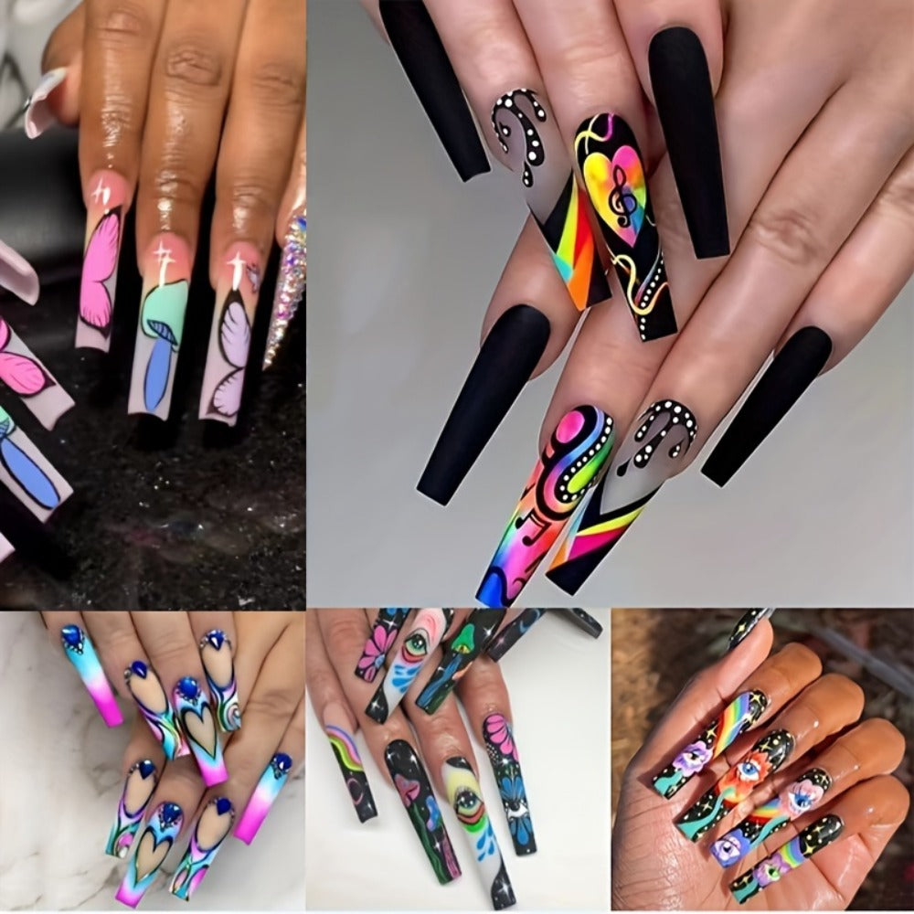 Press On Nails 120-Piece Extra-Long Five-Box Cosmic Eye Rhinestone Matte Floral Stripe Set with Glue — image 5