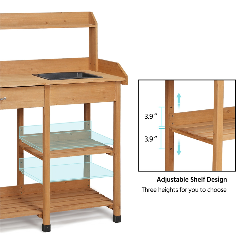 Garden Potting Table 4-Tier with Removable Sink, Adjustable Shelf, Drawer & Side Hooks, Outdoor Planter Stand for Yard Greenh