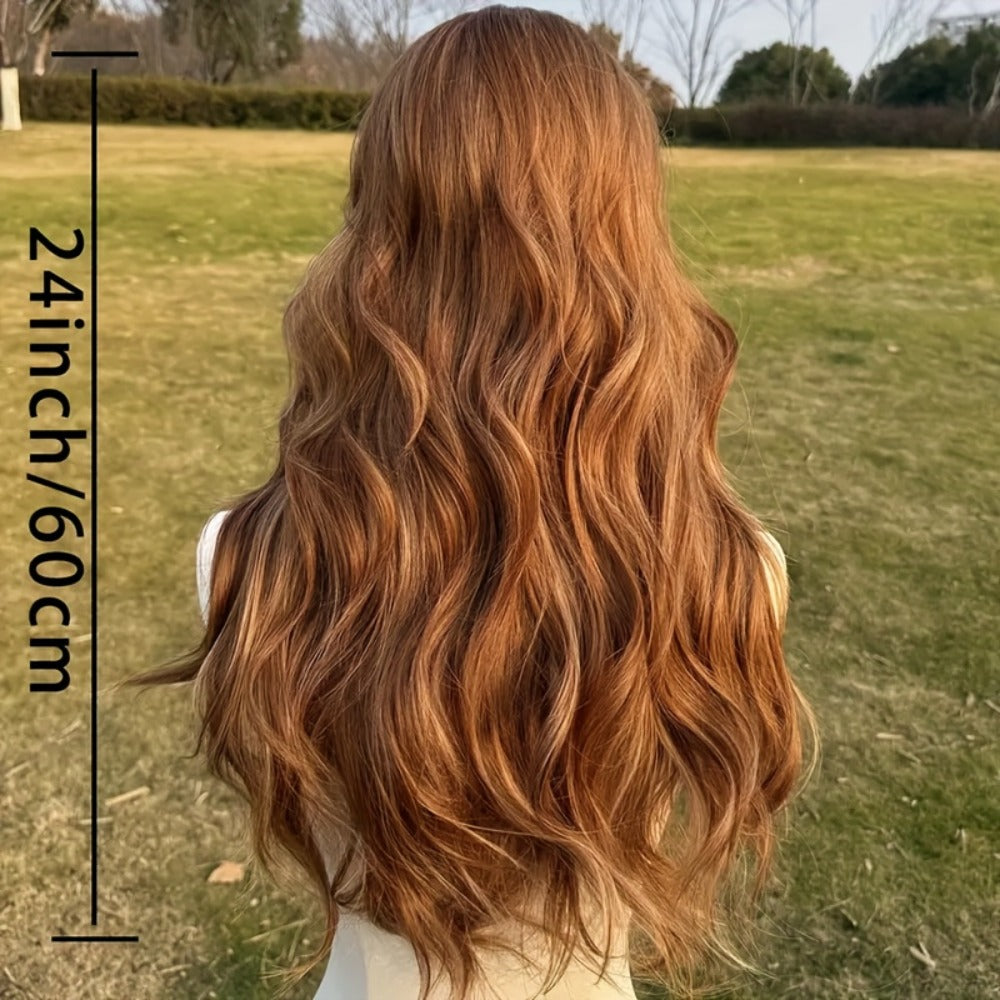 Synthetic Wig 24-Inch Light Brown Body Waves with Golden Highlights, Bangs and Rose Net Cap — image 5