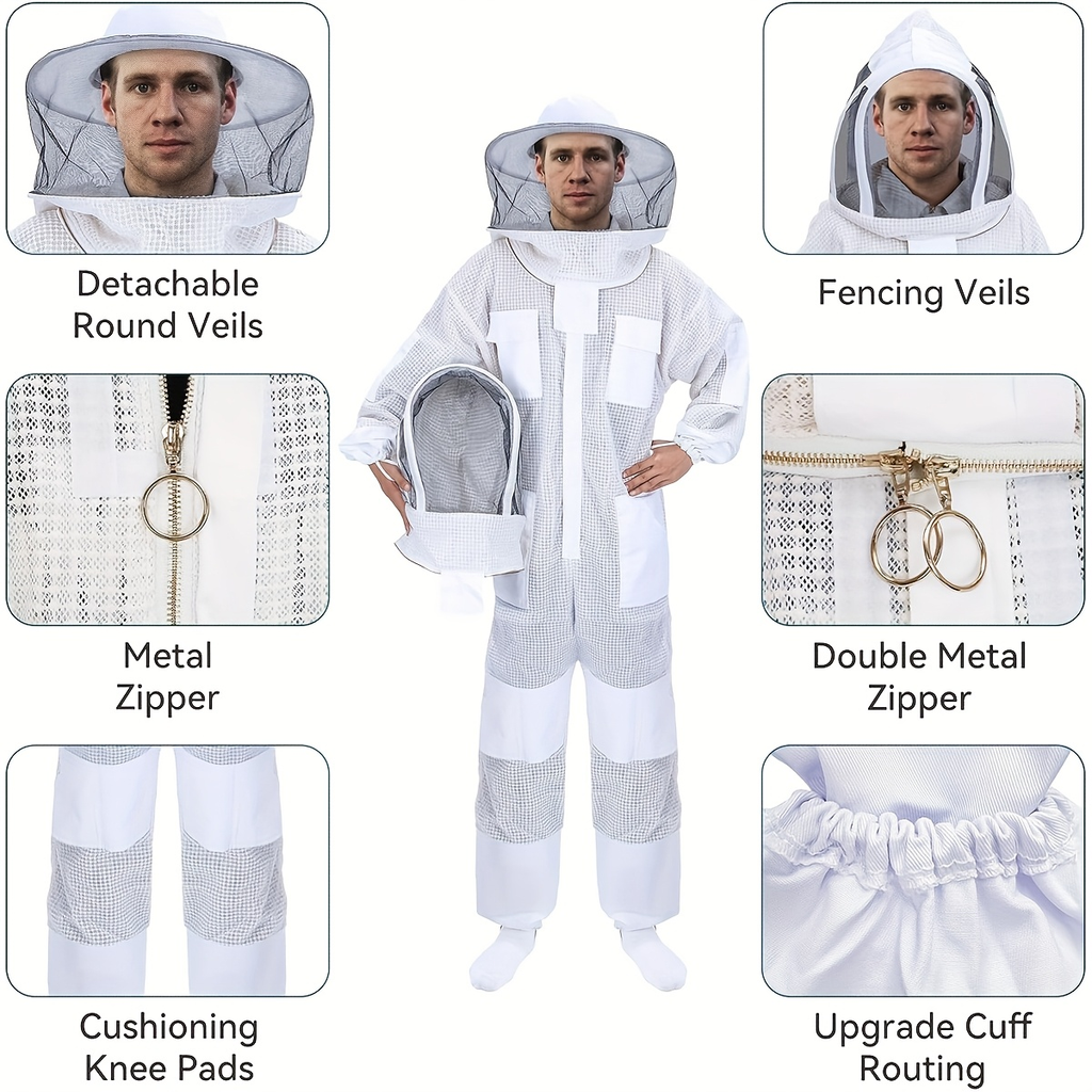 Beekeeping Suit Triple Layer Sting-Resistant Gloves 2 Veils S-3XL for Garden, Patio and Yard Use — image 8