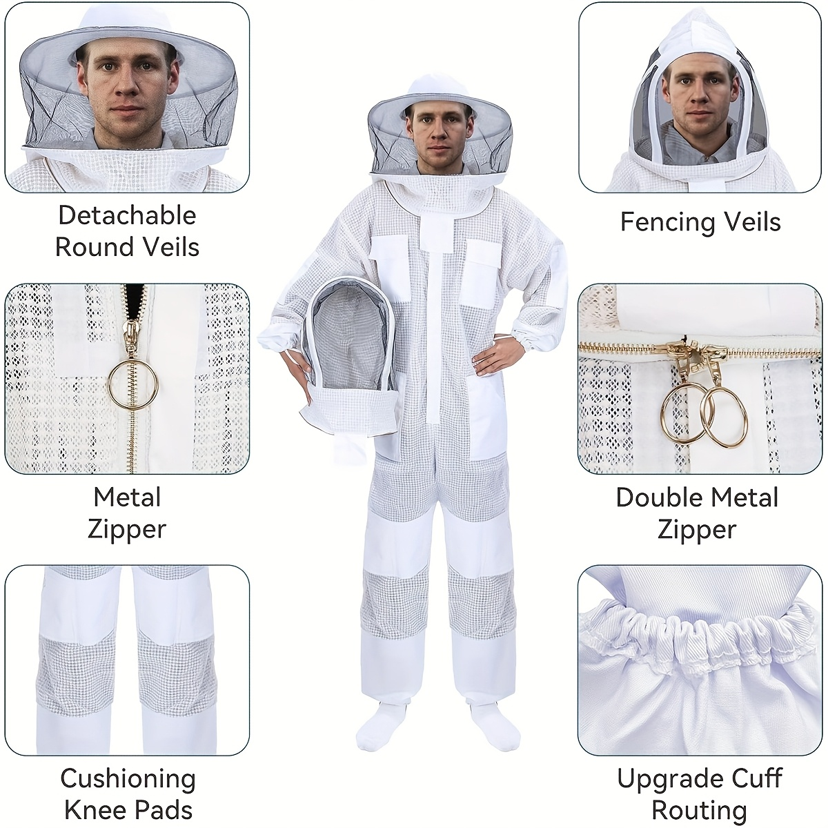 Beekeeping Suit Triple Layer Sting-Resistant Gloves 2 Veils S-3XL for Garden, Patio and Yard Use — image 8