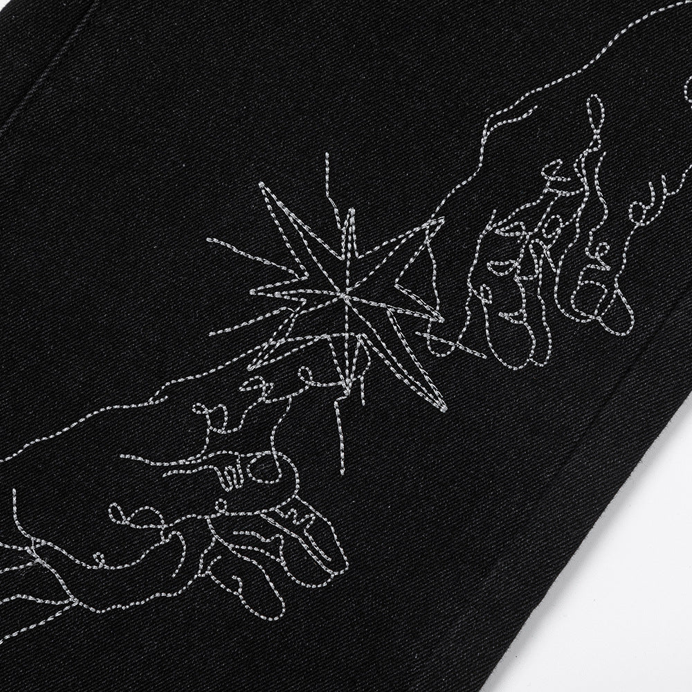 Line Embroidery Straight Jeans Men
