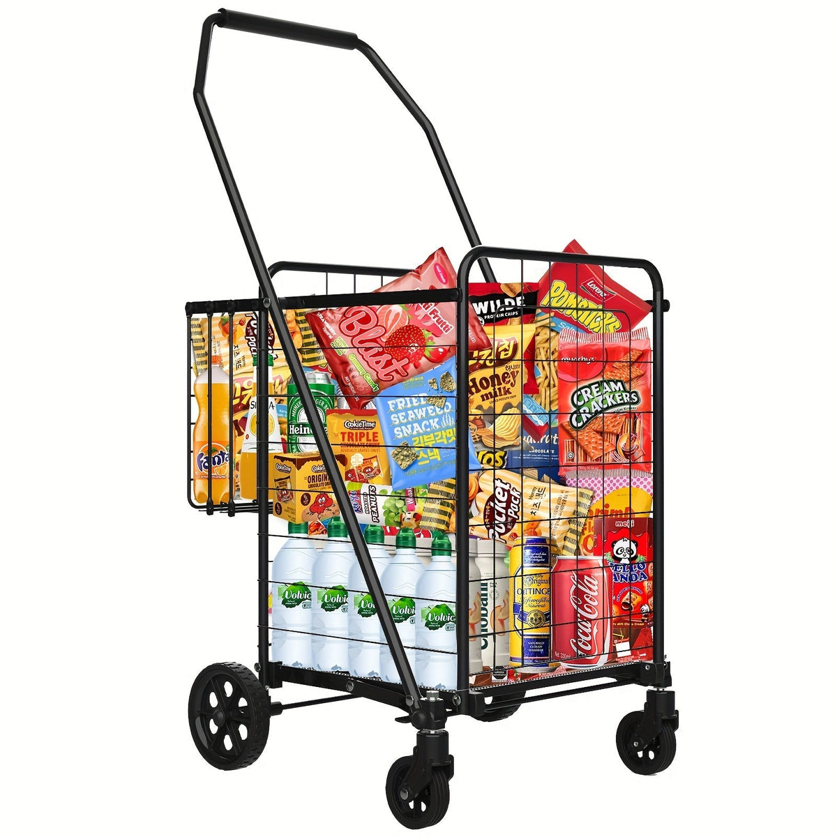 Folding Grocery Cart on Wheels, Double Basket Shopping Cart for Groceries Laundry Foldable Utility Cart — image 1