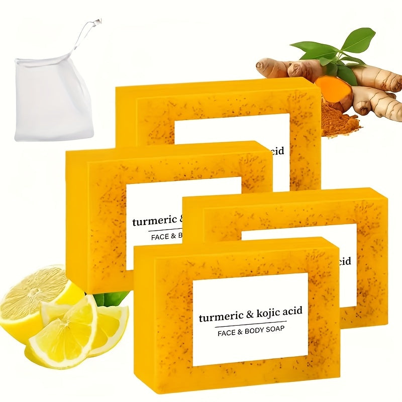 Turmeric and Kojic Acid Bar Soap, Four-Piece Orange Bar Set with Included White Foaming Mesh Net — image 10