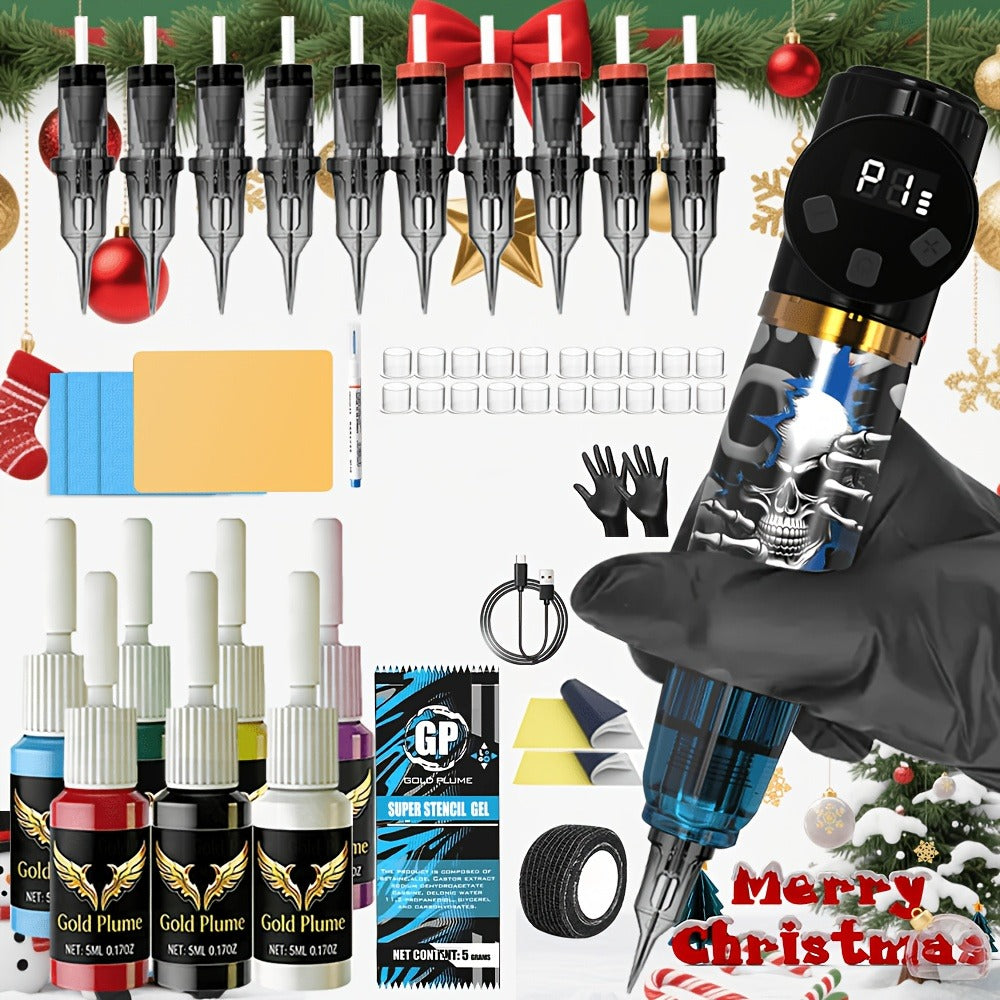 Cordless Tattoo Kit with 1100mAh Skeleton Rotary Pen, 10 Cartridge Needles, 7 Inks and Two Colors — image 1