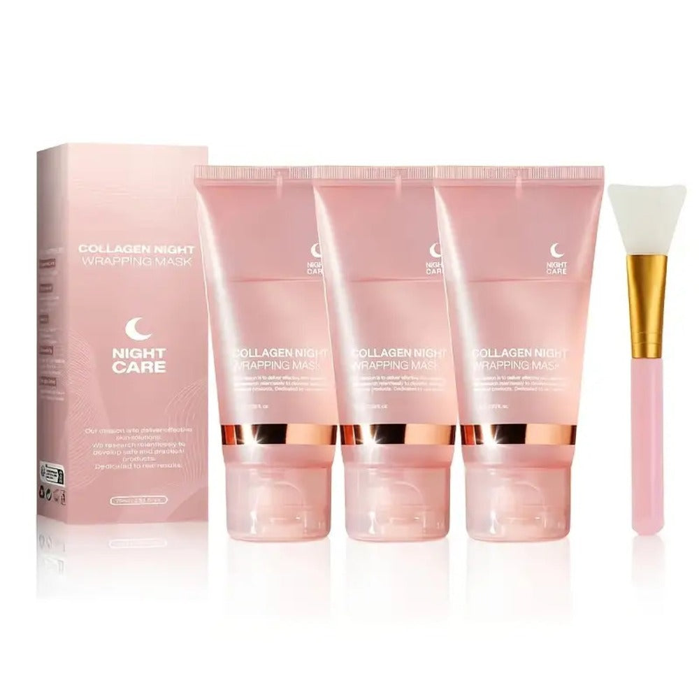Collagen Night Wrap Mask with Jelly Brush 3pcs Hyaluronic Acid Deeply Moisturizing Nourishing Overnight Glossy Sleeping Mask 