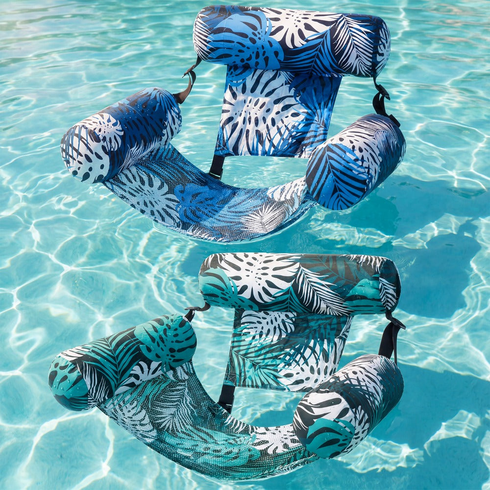 Leaf-Print Inflatable Pool Float Chair with Mesh Sling Seat in Blue, Blue-Green or Red-Cyan Checkout Options — image 2