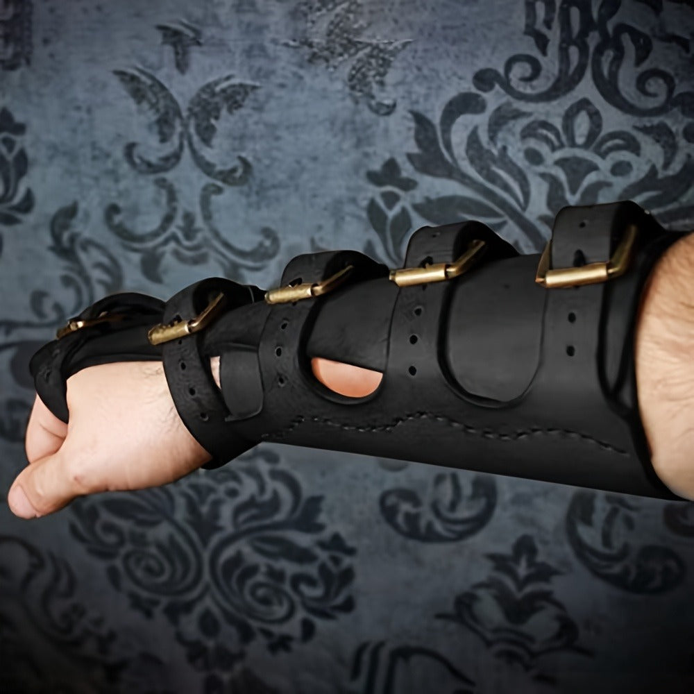 Embossed Fantasy Arm Bracer Pair in Brown with Buckle Straps for Medieval and Archer Costumes — image 4