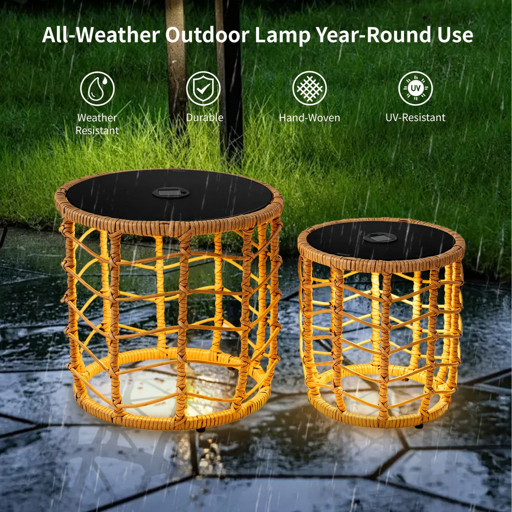 Outdoor Side Tables for Patio, Set of 2 Nesting PE Wicker Frames with Tempered Glass Tops for Patio or Balcony Layouts — imag