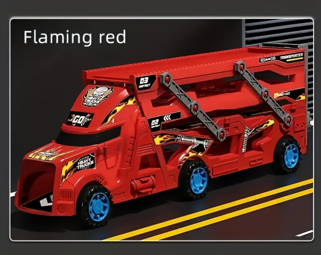 Transforming Launcher Truck Playset with 8 Alloy Cars, Foldable Storage Transporter Toy, Car Carrier Truck with Launch Ramp —